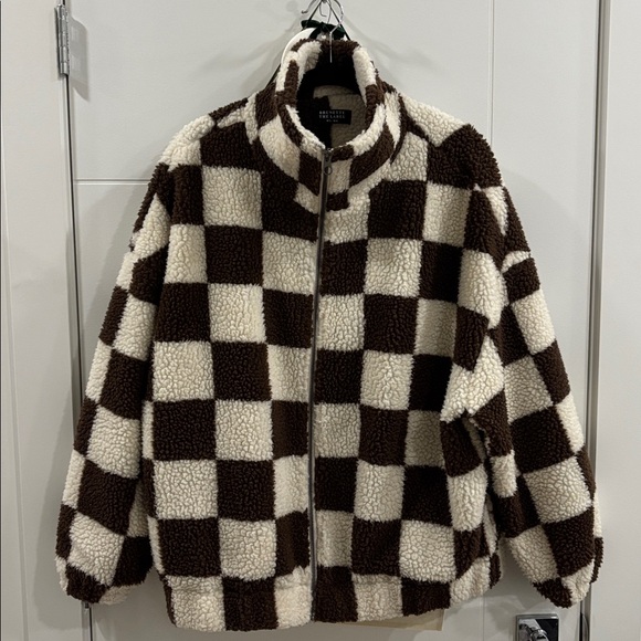 Brunette The Label checkerboard Sherpa full zip jacket brown cream medium large - Picture 4 of 15